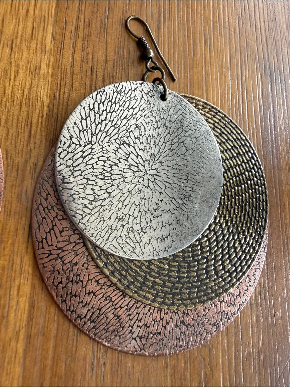 Vintage Layered Metallic Disc Drop Earrings - Silver, Bronze & Rose